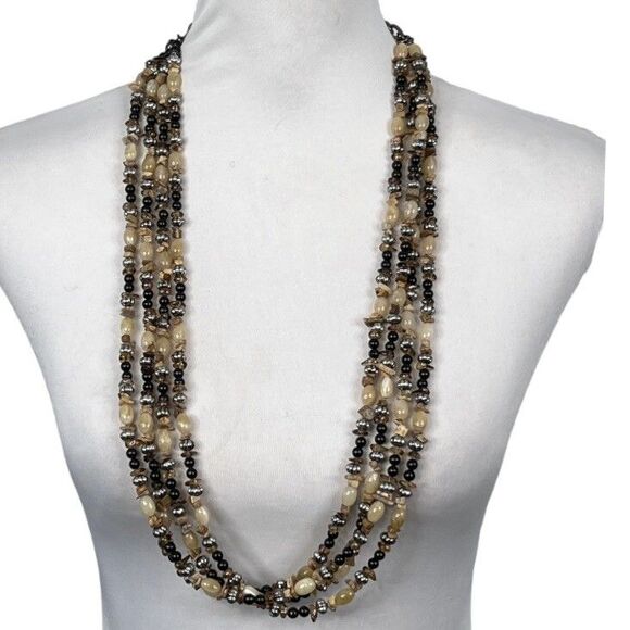 Beaded 4 Strand Chain Necklace Hook 27" Long Extend 11" Brown Tan Chip Round - Picture 1 of 9